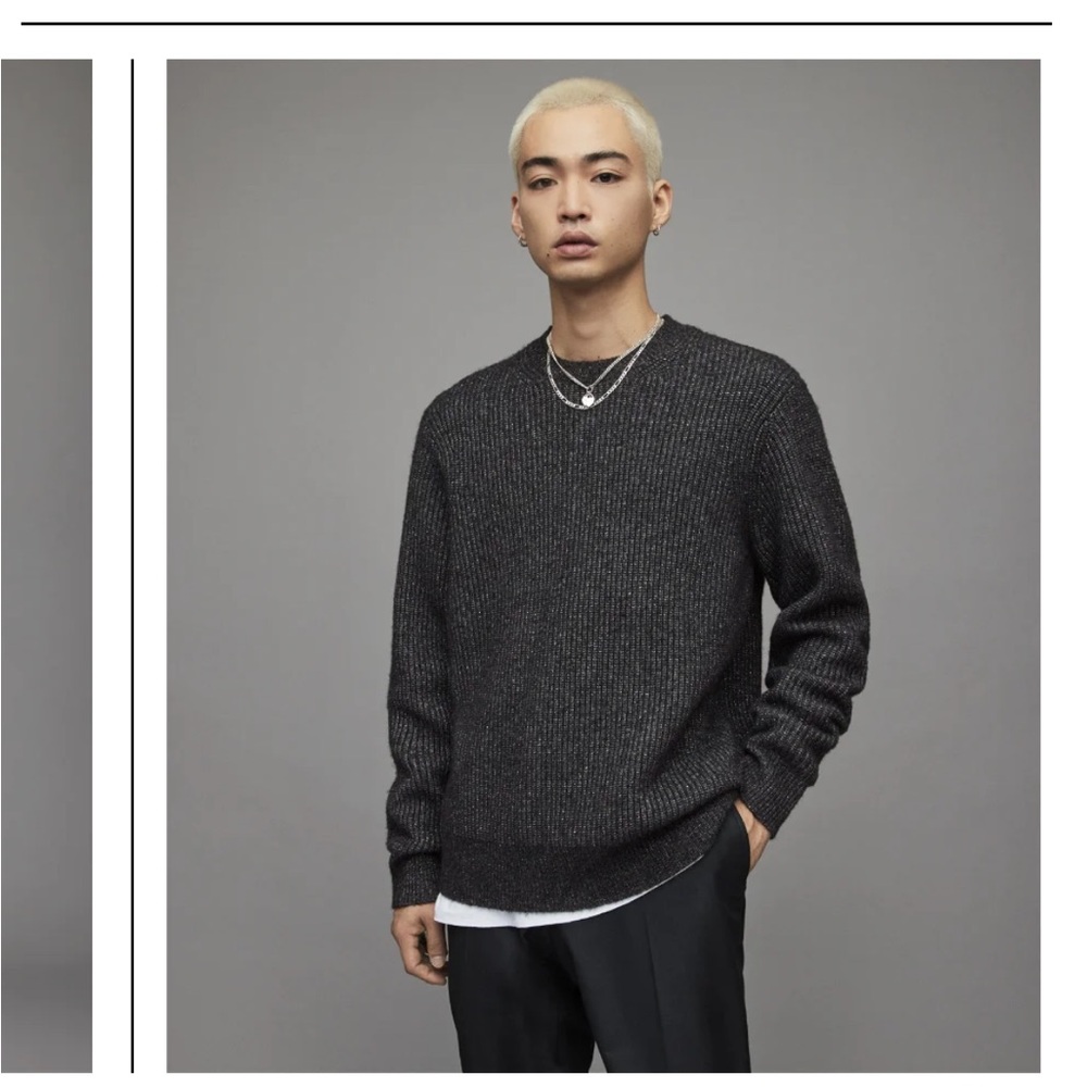 ALL SAINTS Astro Crew Sweater Size Medium Ribbed Knit Metallic Wool Alpaca Black